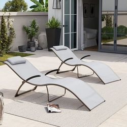 New Set of 2 Outdoor Lounge Chairs Pool Folding Reclining Chaise, Light Gray