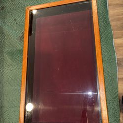 Vintage flat table top rectangular display case with glass top & red velvet lining