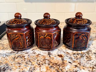 Set of 3 Brown Ceramic Canisters with Lids
