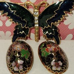 #2434,  CHINESE CHINOISERIE CLOISONNE CLIP EARRING, AND BROOCH, PAT (contact info removed) ENAMEL ,  