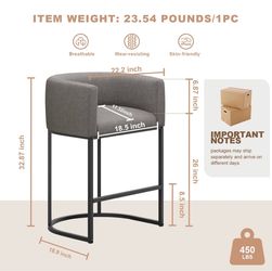 26" H Counter Height Bar Stools Set of 2, Modern Barrel Counter Stools with Backrest and Arms, Linen Fabric Upholstered Accent Barstools for Kitchen I