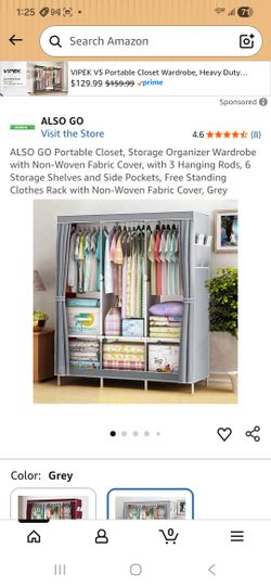 Portable Closet, Storage Organizer Wardrobe with Non-Woven Fabric Cover, with 3 Hanging Rods, 6 Storage Shelves and Side Pockets, Free Standing Clothe