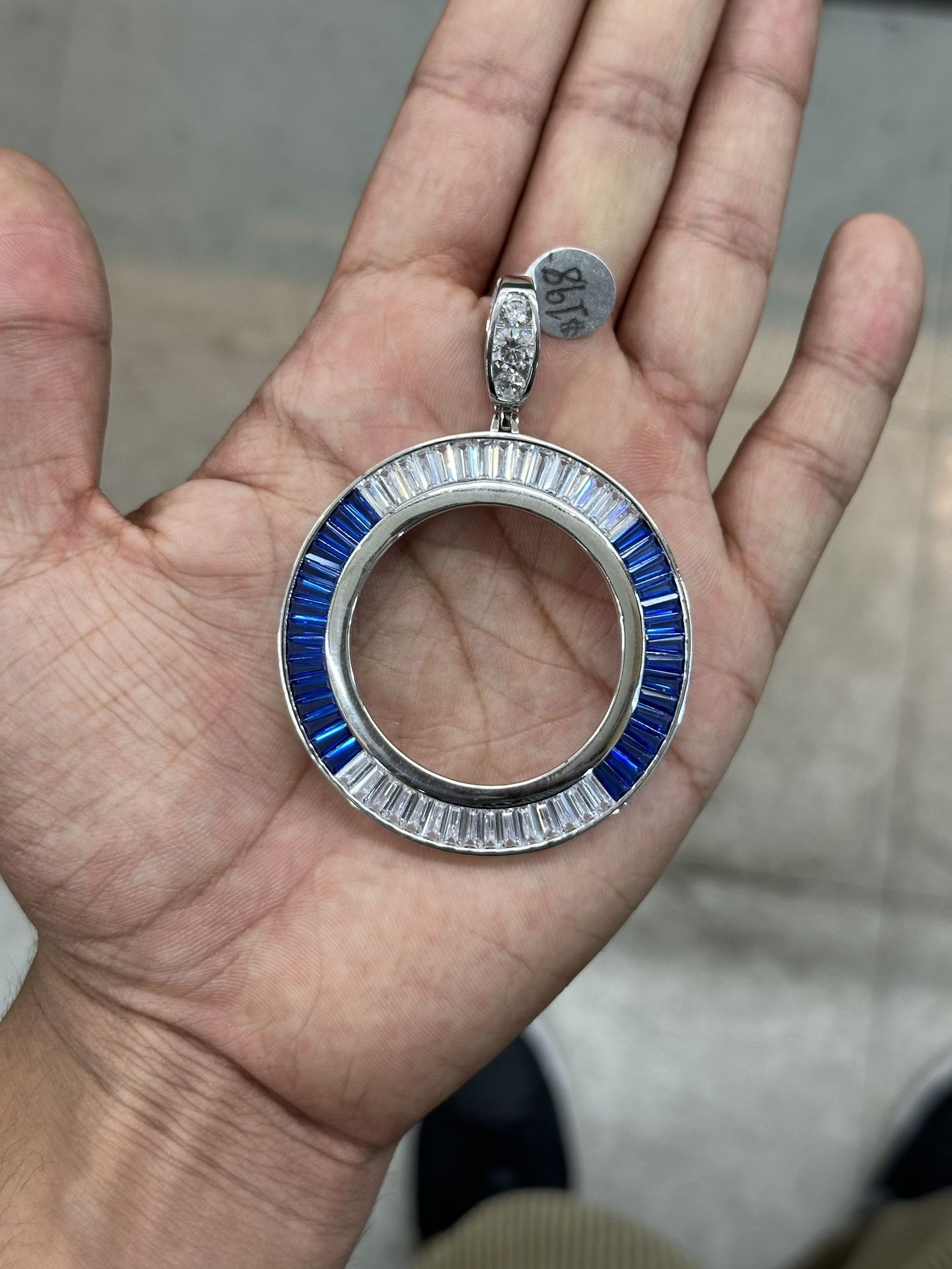 925 Silver Circle Bezel Pendant For Centenario Embezzled In Blue And Clear Baguette Cut CZ