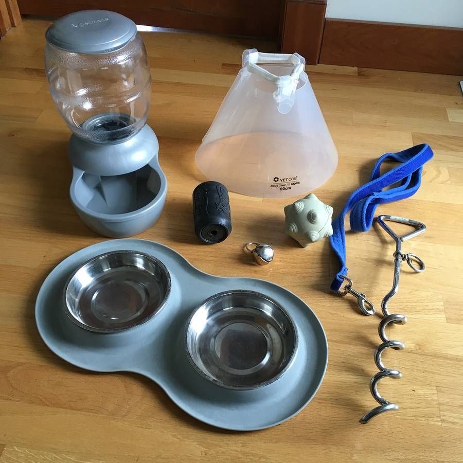 Lot of 8 Medium Dog or Large Cat Food Dishes Toys Leash Collar