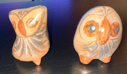 Vintage-Signed Mexican Tonalá Pottery Owls-Pair of 2 Folk Art Figurines (M. Palacios & JR)
