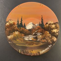 Vintage Hand-painted Metal Bowl With Wall Mount For Hanging—Mountain Scene