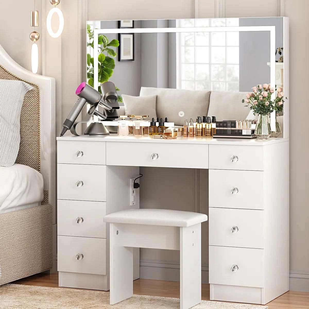 White Vanity Set With LED Mirror & Power Outlets, 9 Drawers with Diamond Handles