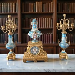 French Sevres Porcelain Gilt Bronze Turquoise Mantle Clock Candelabra Set