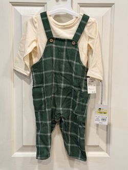 Cream Long-Sleeve Top with Green Plaid Overalls 3-6M