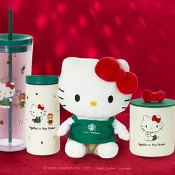 Starbucks × Hello Kitty 2025 Set ⭐ 2 Mugs + Tumbler + Barista Plush 💚 Limited Edition. Combo de Colección Starbucks x Hello Kitty – Edición Rara 