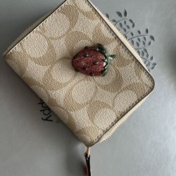 Coach Beige Signature Coated Canvas Strawberry Zip Around Wallet
