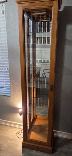Lighted Oak Curio Display Cabinet with Glass Shelves