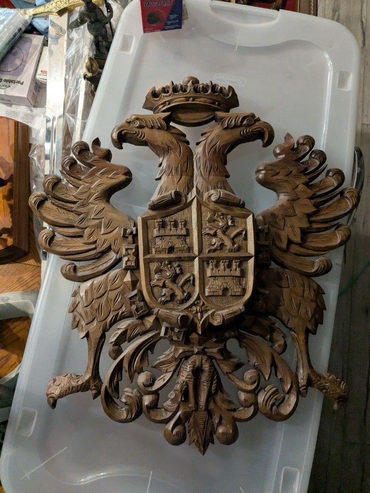 Vintage Hand Carved Wood City of Toledo Spain Coat of Arms Wall Plaque 20"
