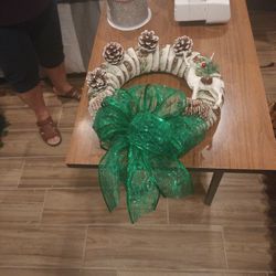 Homemade Christmas Wreath Green Bowl And A Reindeer And Pine Cones