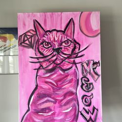 30x40 Pink Meow Cat Original Painting 