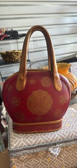 MCM Oriental Design Handbag Purse Vase Art Pottery Red w/ Gold Handle