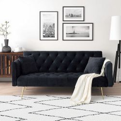 71-inch foldable double sofa, with American retro style, made of black velvet material, suitable for small living rooms, bedrooms and offices.