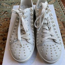 NWB Stuart Weitzman Goldie Convertible Leather Sneakers White Pearl SZ 8 $295