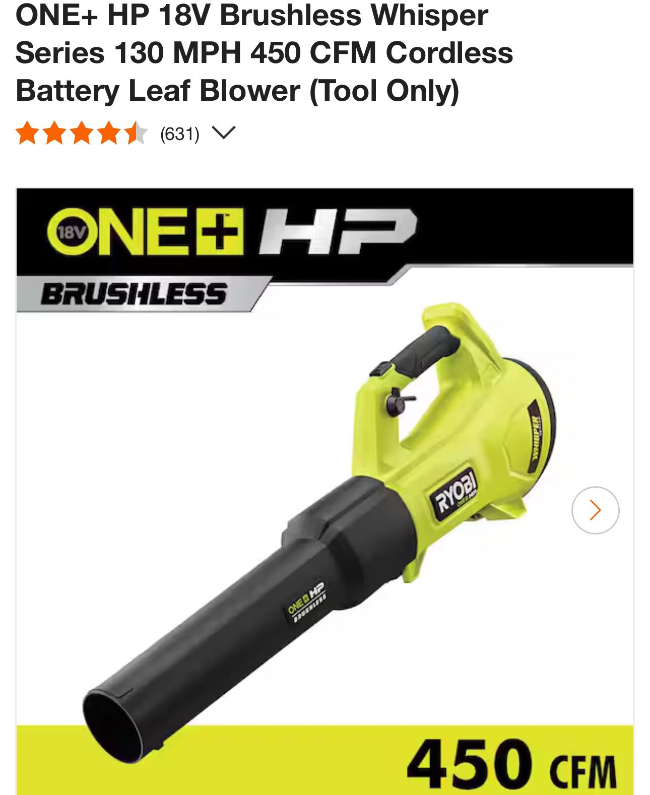 ONE+ HP 18V Brushless Whisper Series 130 MPH 450 CFM Cordless Battery Leaf Blower (Tool Only)