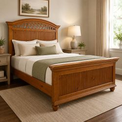 Solid Wood Full Bed Frame + Mattress – Beautiful Coastal / Tommy Bahama Style