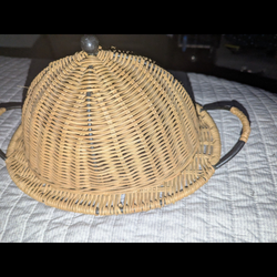 Vintage Wicker Rattan Food Cloche Dome Cover with Oval Serving Tray — Black Metal Frame Handles — Boho Picnic
