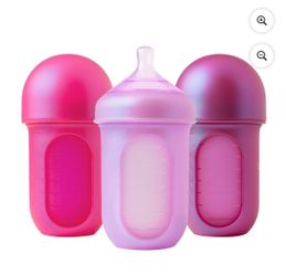 Boon NURSH® Reusable Baby Bottles with Platinum Food-Safe Silicone – Stage 2 Medium Flow – 8oz – Pink Iridescent (3pk)