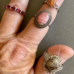 Semi-Precious Stone Rings Set In Sterling, Silver And Individually Priced. Garnet, Pink Rhodocite,  Sunstone And Dendrite/Fossil.