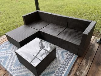 Outdoor Wicker Patio Sectional + Chaise & Glass Table – No Cushions