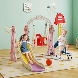 Kids Slide, 5-in-1 Slide and Swing Set Outdoor Slide Set with Basketball Hoop, NEW