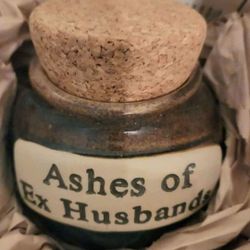 TUMBLEWEED POTTERY Cork Lid, ASHES OF EX HUSBANDS ceramic type jar Never used.