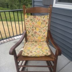 Vintage Wooden Rocking Chair with Woven Rush Seat + Floral Cushions