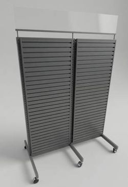 Double Sided Slatwall Retail Display Fixture Rack on Casters with Sign Holder