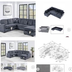 $649-4Piece Convertible Sectional  Sleeper Sofa ,Chaise Storage ,Sofa Storage & USB Ports 98” x 103” x 61” x36”H
