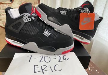 2019 NIKE AIR JORDAN 4 RETRO BLACK RED CEMENT BRED size US 10 PURCHASED FROM SNKRS APP