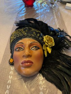 Ceramic Lady Face Wall Mask with Feathers