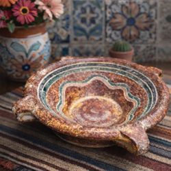 Vintage Mexican Tonalá Burnished Pottery Bowl - Hand-Painted 6"