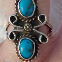 Vtg.Native Sterling Silver Turquoise Split Shank Ring- Sz6