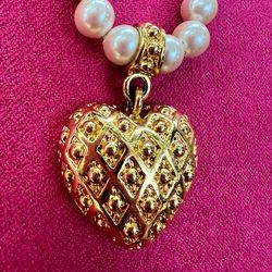 Rare Find - Pink Pearls Necklace & Heart Charm - Vintage MONET