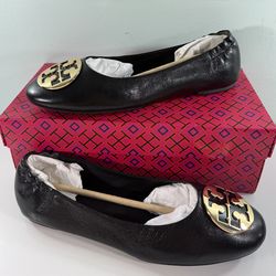 NEW TORY BURCH Women's Claire Ballet Goat Leather Flat - Black/Gold - size 9/ 10