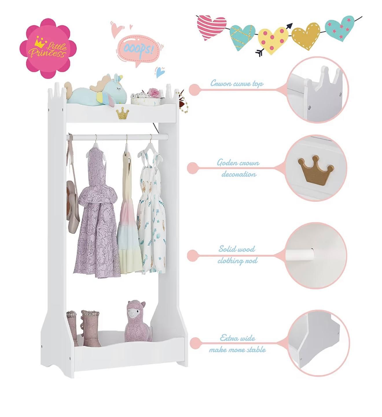 Kids Dress Up Storage, Kids' Costume Organizer Center, Open Hanging Armoire Closet, Kids Armoire with Rack for Toddler 3 Age+, White(GH12)