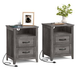 VASAGLE Set of 2 Nightstands with 2 Drawers and Charging Station
Bedside Table, Side Table with Open Compartment, for Bedroom, Misty Gray,