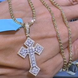 14K Ice Chain W/ Diamond Cross Pendant 