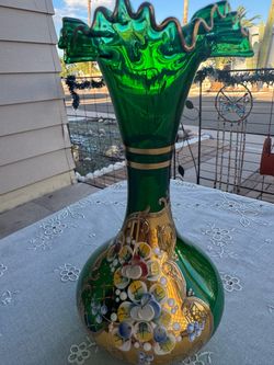 Vintage Green Glass Vase with Ruffled Rim