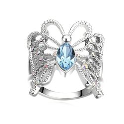 *SALE* Sparkling Created Aquamarine Butterfly Ring with Crystal Accents Size 9 *See My Other 600 Items*