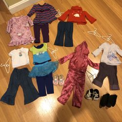 Doll clothes, shoes, hangers