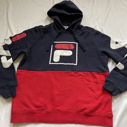 Men Fila Logo Hoodie Long Sleeve Pullover Sweatshirt Shirt Navy Blue Red Large L