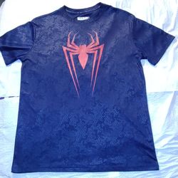 Marvel Spiderman size large logo blue tee with red logo on front angle back