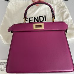 Authentic, Brand New Fendi Peekaboo Nappa Lamb Leather Bag-Ciclamino Pilar with Soft Gold Accents 