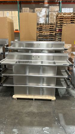 ChefAsst 91" CA-S3C181812-18LR-316 16-Gauge Stainless Steel Three Compartment Commercial Sink with Stainless Steel Legs, Cross Bracing, and Two 18" Dr
