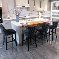 Bar Stools Set of 4 Counter Height, Velvet Upholstered Barstools with Solid Wood Legs, Button Tufted and Nailheads Trim, Wing-Back Bar Chairs for Kitc